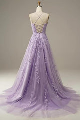 A-Line Square Neckline Spaghetti Straps Lace Long Prom Dress