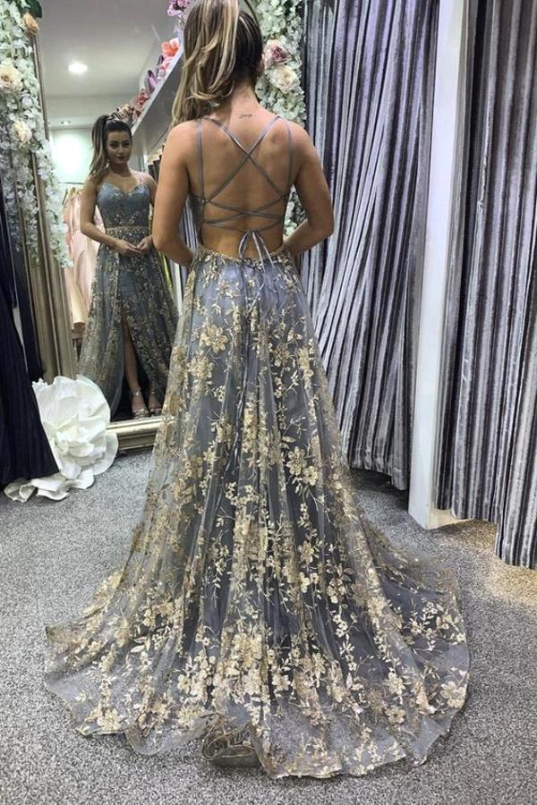 A-line V-Neck Open Back Tulle Satin Long Appliqued Prom Dress With Split