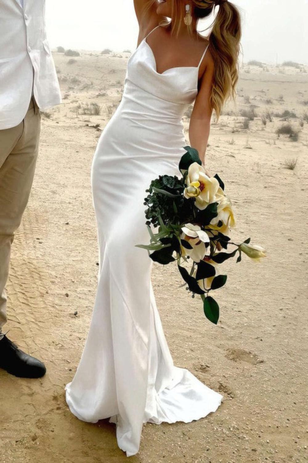 Sheath Spaghetti Sleeveless Satin Wedding Dress with Sweep Train