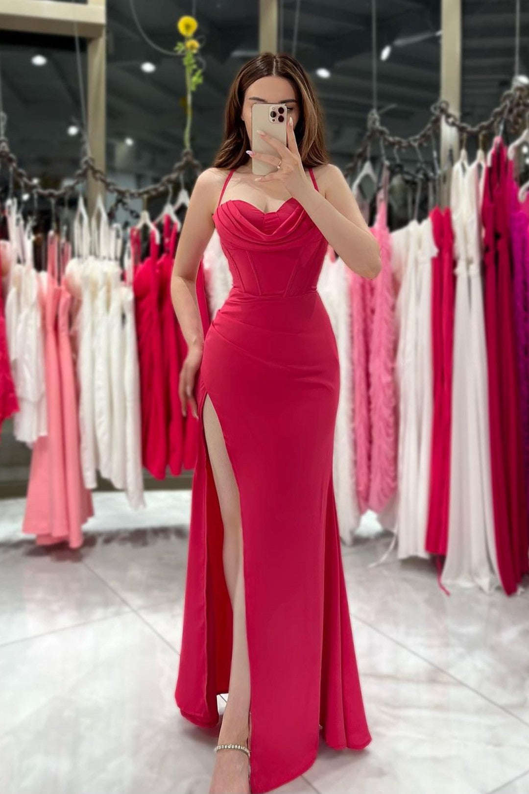 Black Spaghetti Strap Evening Dress Gown with High Slit