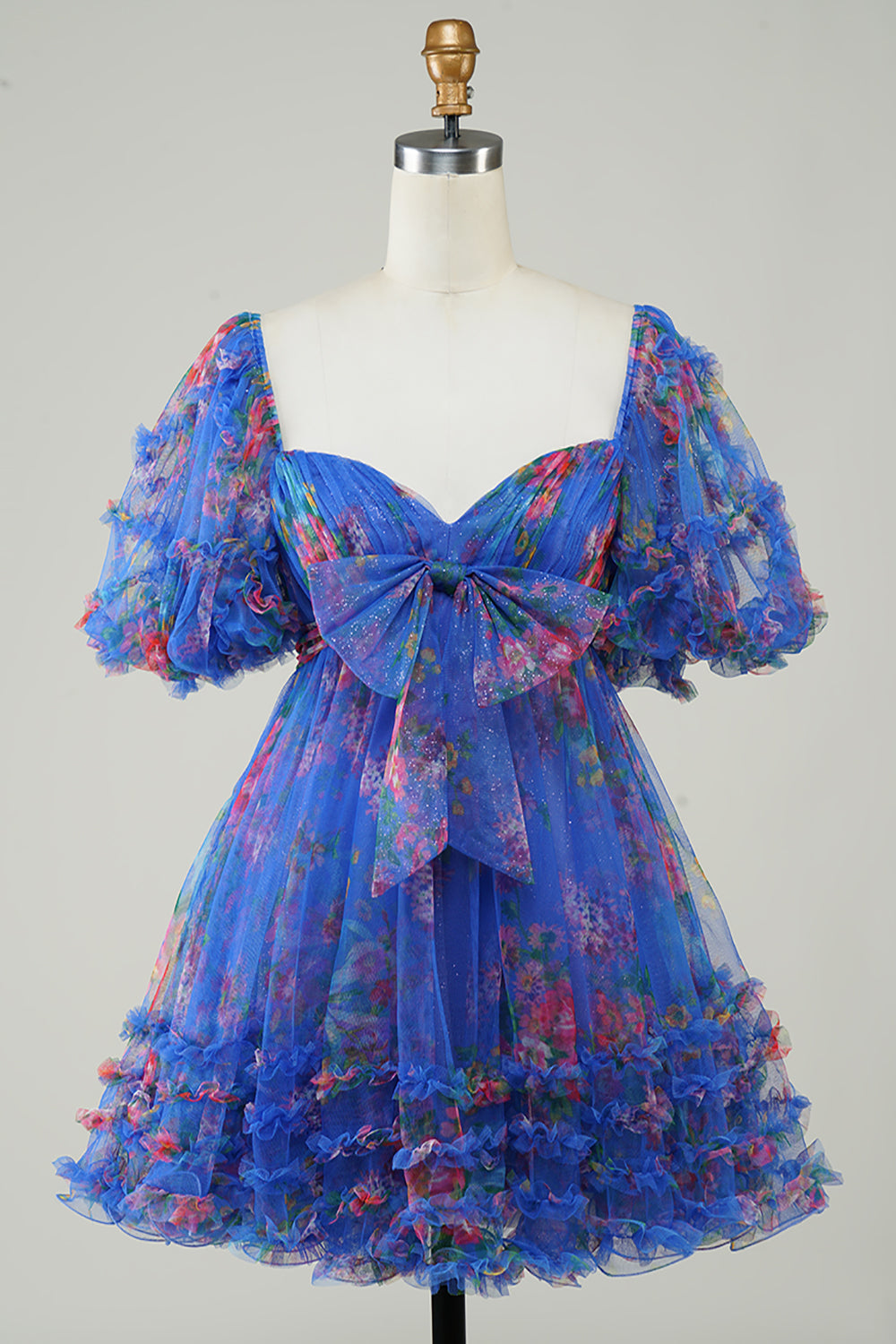 Fuchsia Puff Sleeves A-Line Floral Short Homecoming Dress with Ruffles