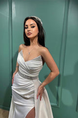 White Spaghetti-Straps V-Neck Split Mermaid Evening Dress with Sequins