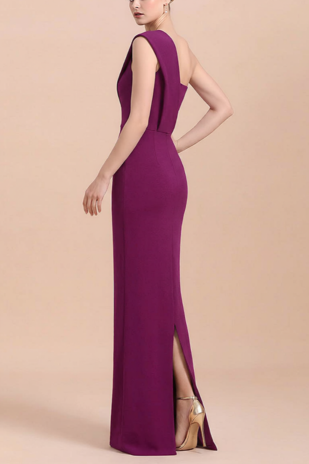 One-shoulder satin sheath mother of the bride dress side ruffle - 27dress