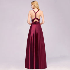 Wine Red V-Neck Satin A-Line Bridesmaid Dress