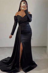 Off-The-Shoulder Sweetheart Long Sleeve Front Split Mermaid Evening Dress with Ruffle
