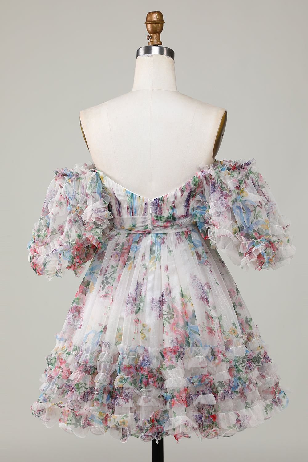 Fuchsia Puff Sleeves A-Line Floral Short Homecoming Dress with Ruffles