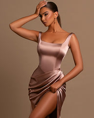 Gorgeous Lotus Root Pink Ball Gown Evening Dress Wide Shoulder Straps Square Neckline Pleated Slit