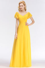 Yellow V-Neck Chiffon A-Line Bridesmaid Dress