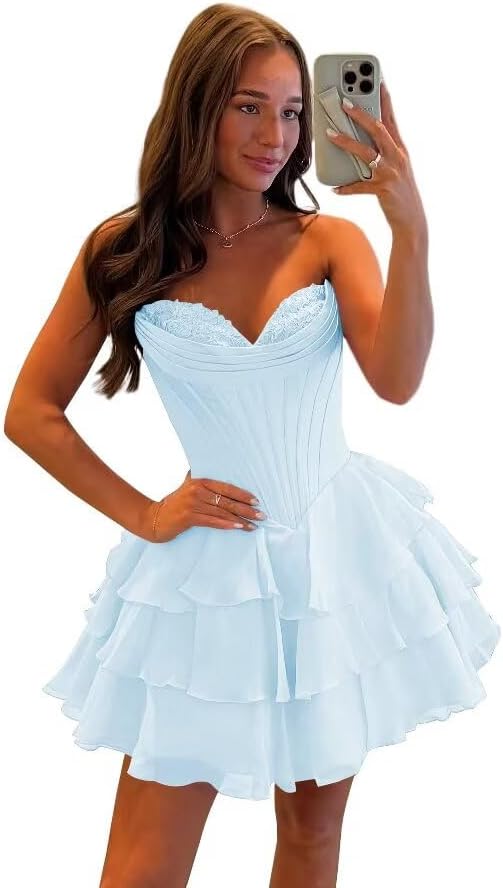 Light Blue Strapless Corset Short Floral Homecoming Dresses