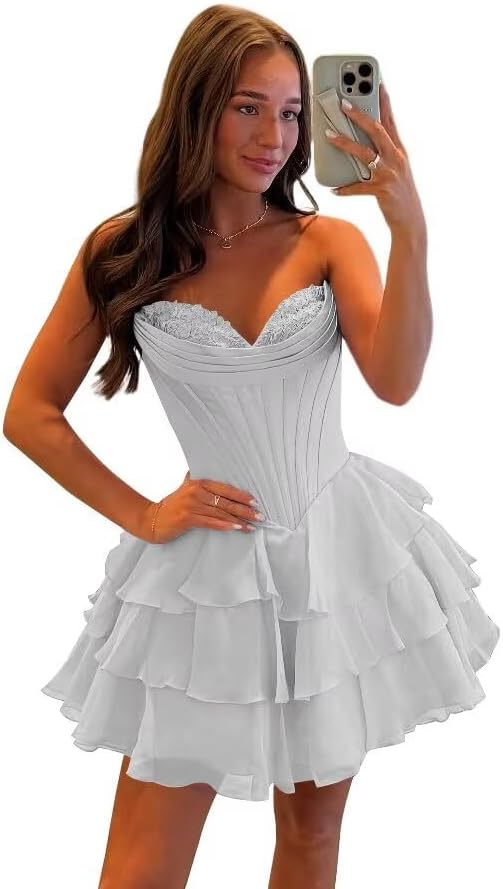 Light Blue Strapless Corset Short Floral Homecoming Dresses