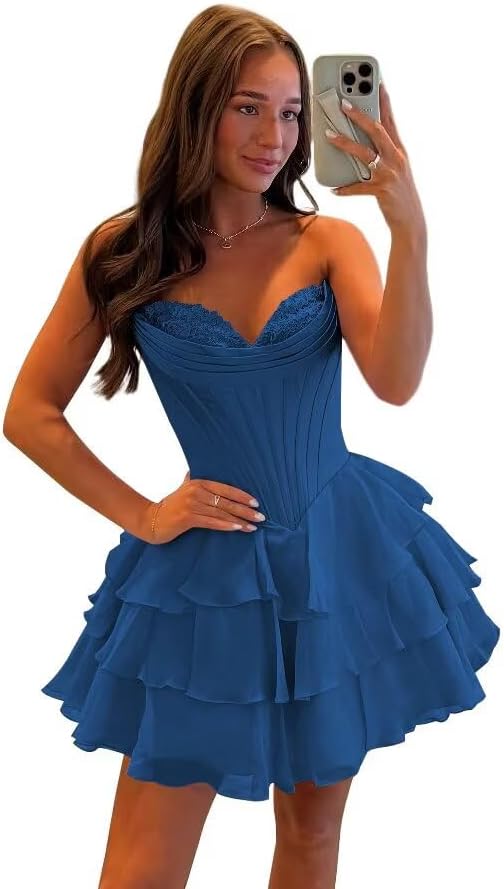 Light Blue Strapless Corset Short Floral Homecoming Dresses