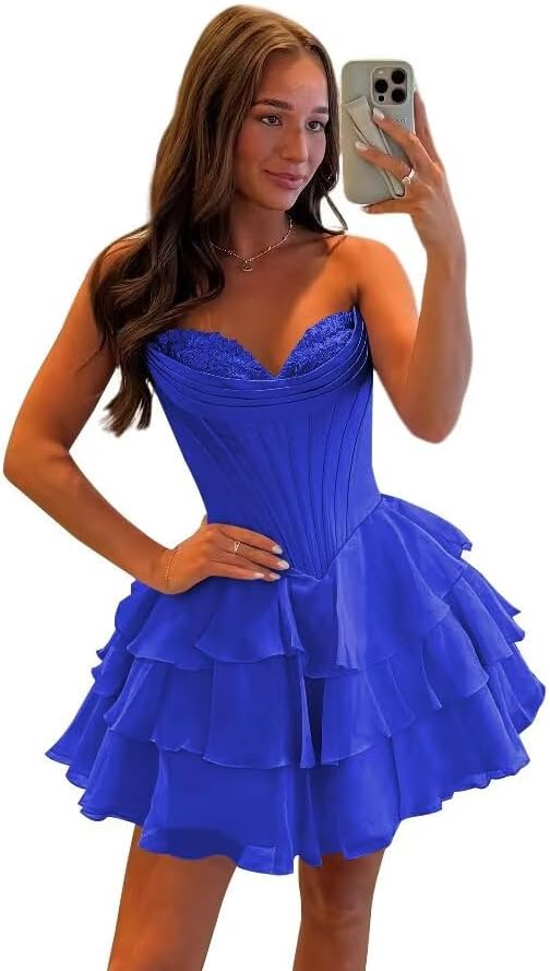 Light Blue Strapless Corset Short Floral Homecoming Dresses