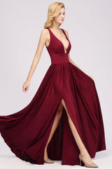 Burgundy Deep V-Neck Chiffon A-Line Bridesmaid Dress