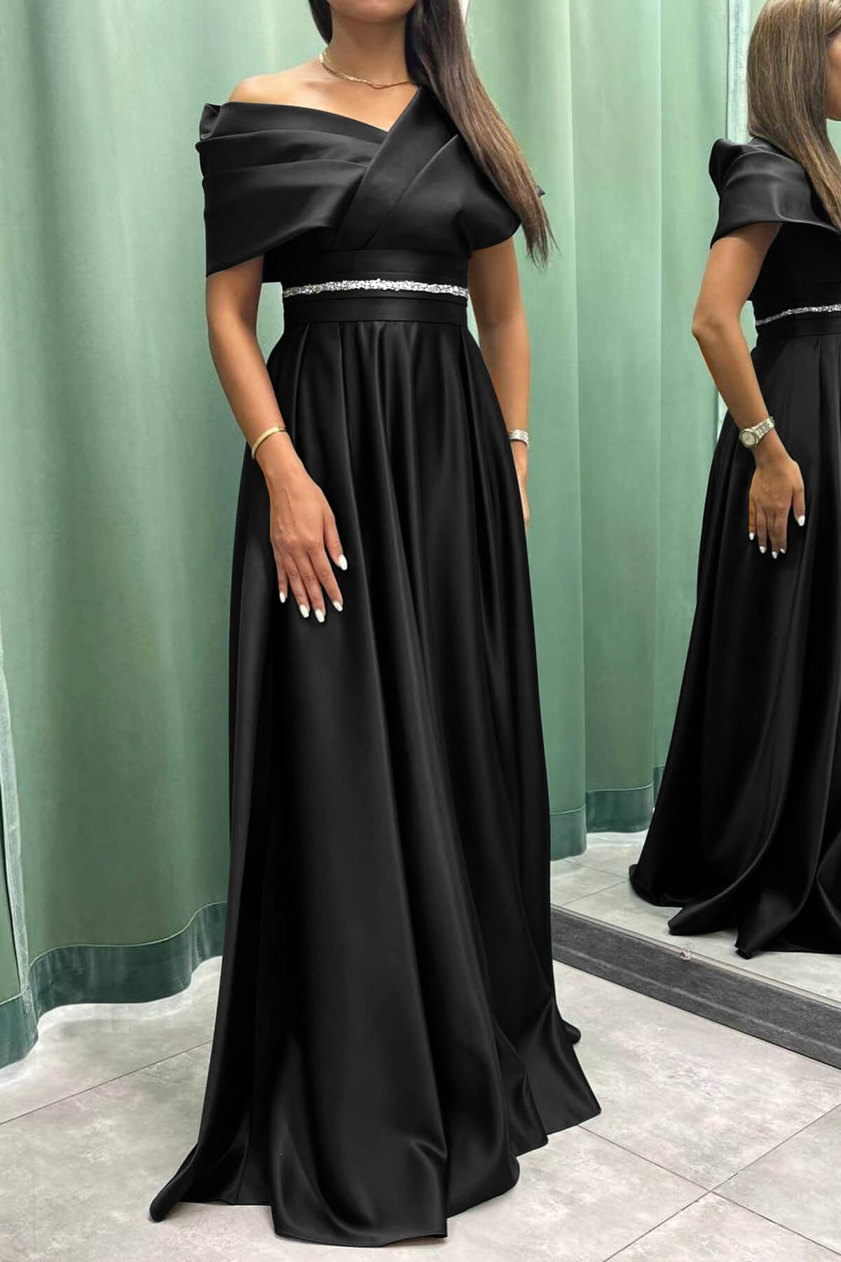 Elegant Off-the-Shoulder Long Pleated Evening Dress On Sale