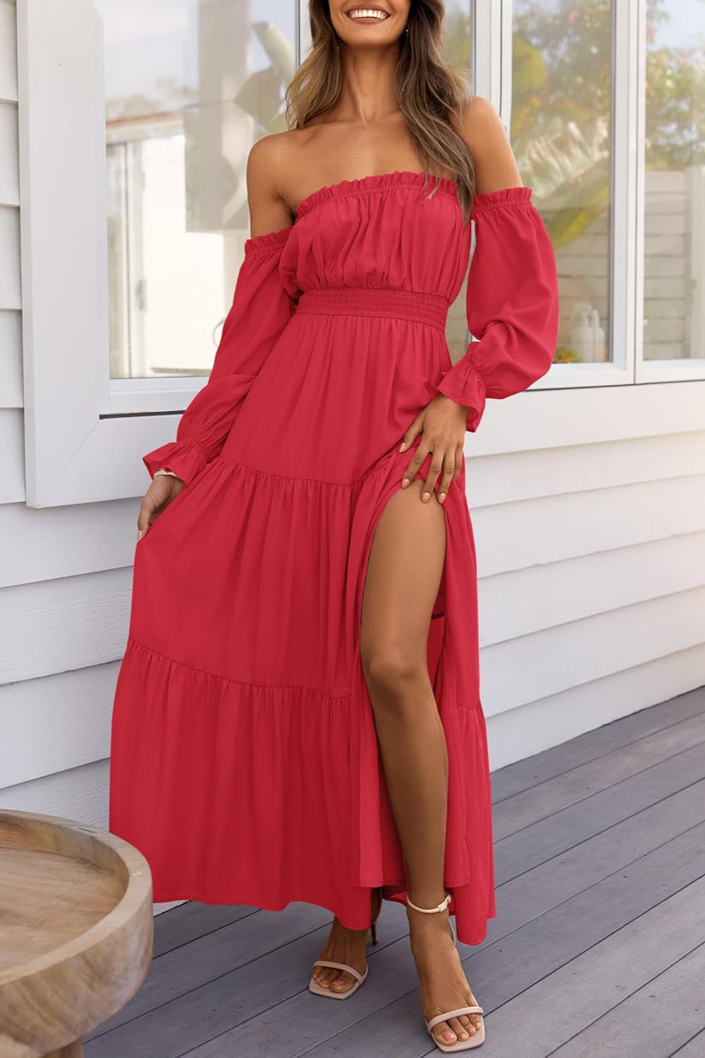 Boho Off-the-Shoulder Long Sleeves High Waist Formal Dress