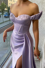 Stunning Lilac Off-the-Shoulder Evening Dress Long Split with Ruffle