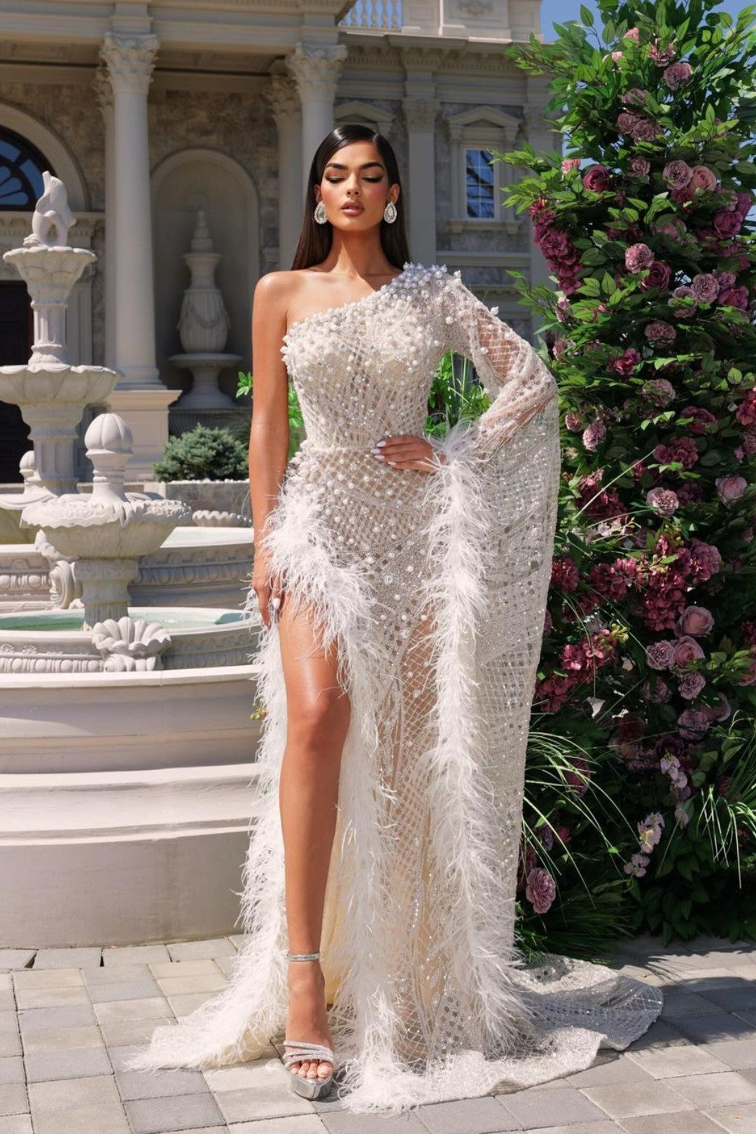 Heavy White Tulle One Shoulder Evening Dress with High Slit 27dress Heavy White Tulle One Shoulder Evening Dress with High Slit 27dress