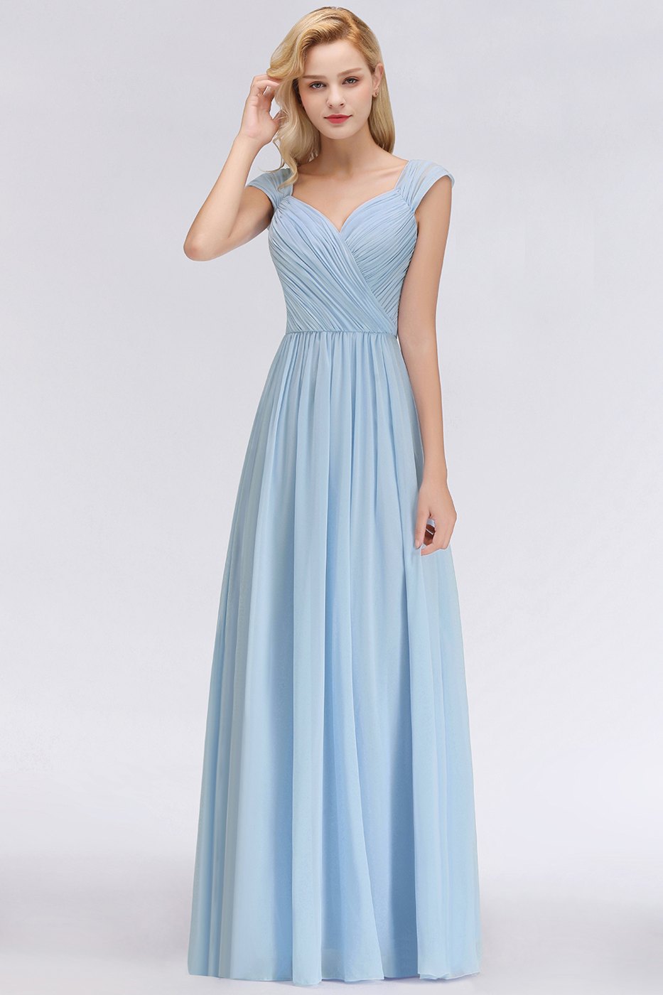 Sky Blue V-Neck Chiffon A-Line Bridesmaid Dress