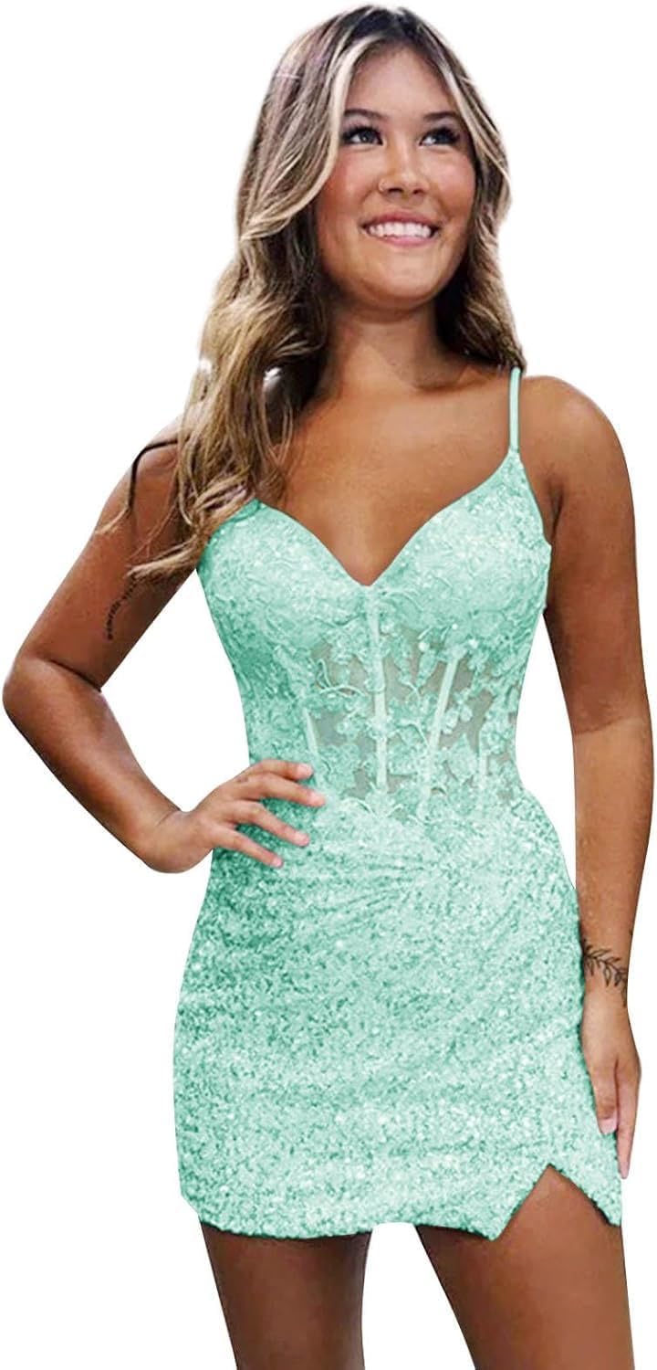 Purple Sparkly V-Neck Sequin Short Homecoming Dresses