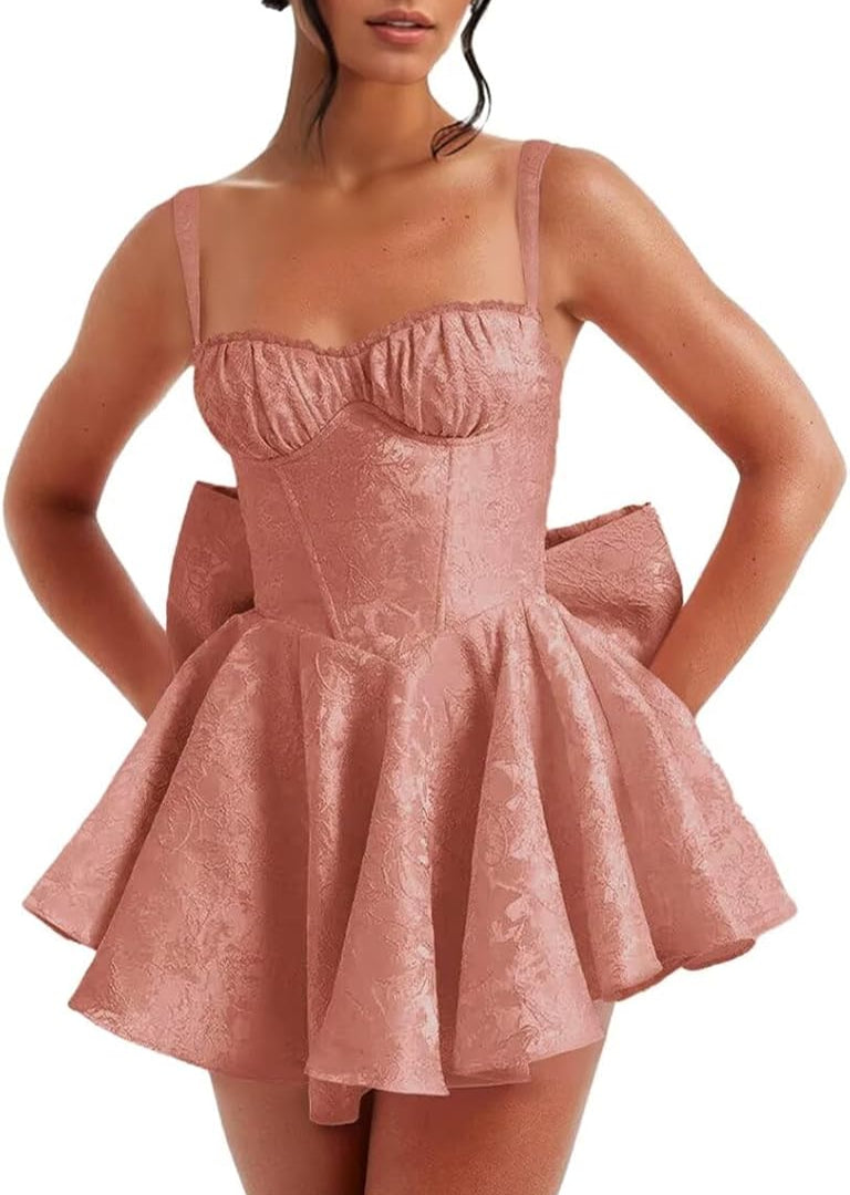 Pink Spaghetti Straps Short Satin Homecoming Dresses with Bows
