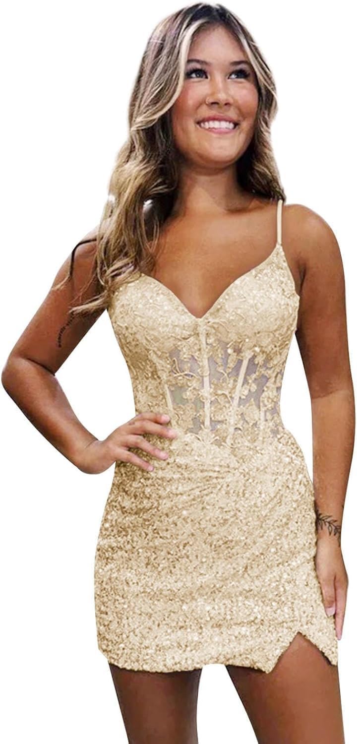 Purple Sparkly V-Neck Sequin Short Homecoming Dresses