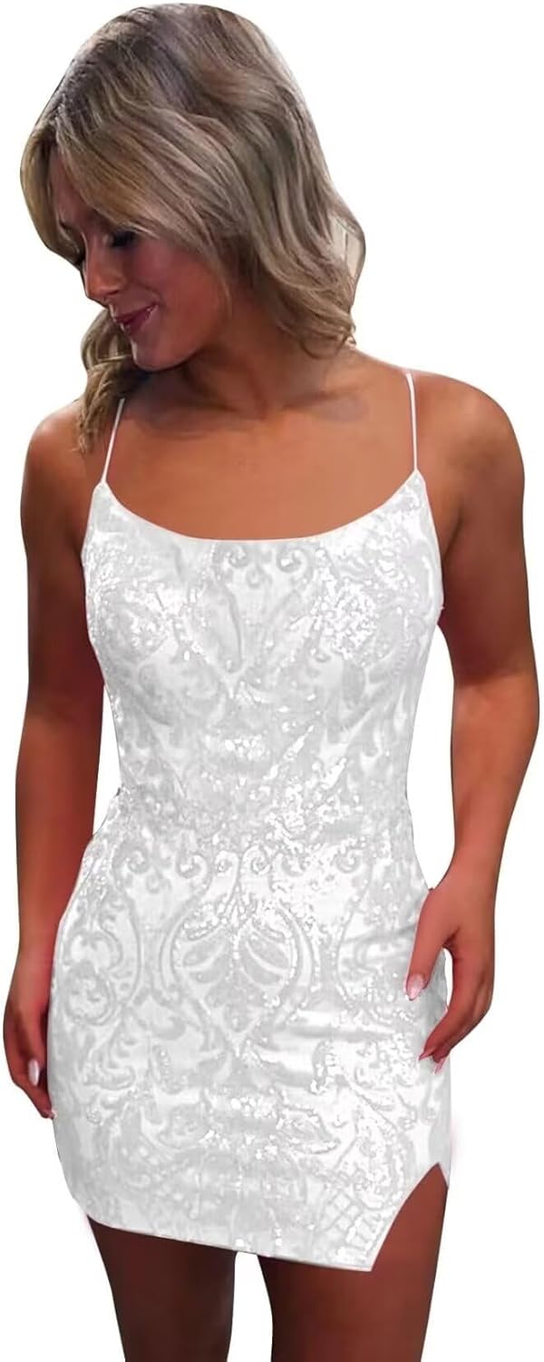 Pink Spaghetti Straps Sequined Homecoming Dresses