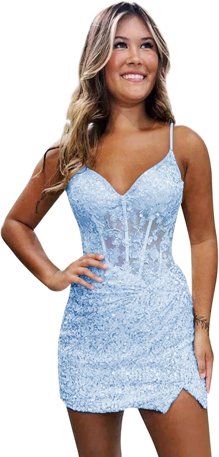 Purple Sparkly V-Neck Sequin Short Homecoming Dresses