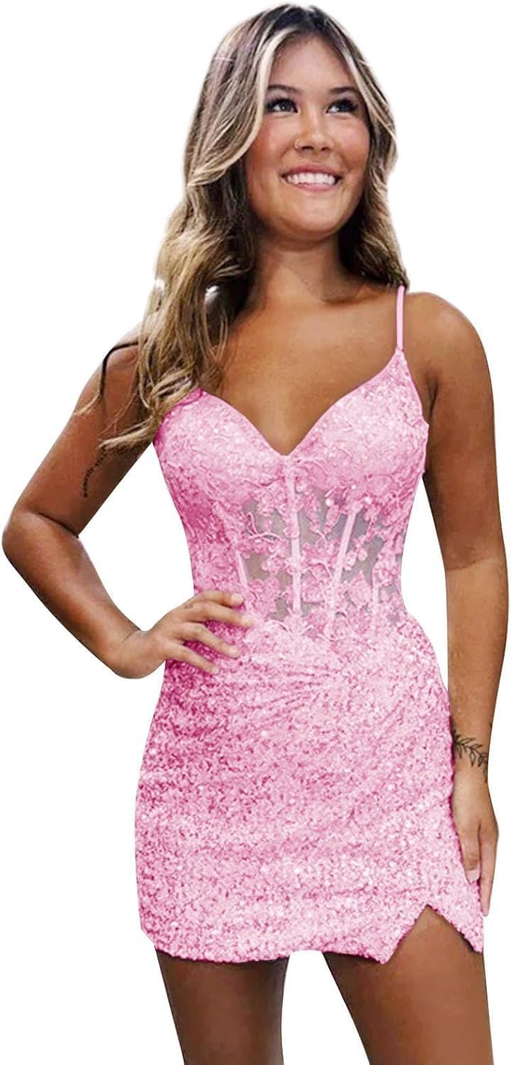 Purple Sparkly V-Neck Sequin Short Homecoming Dresses