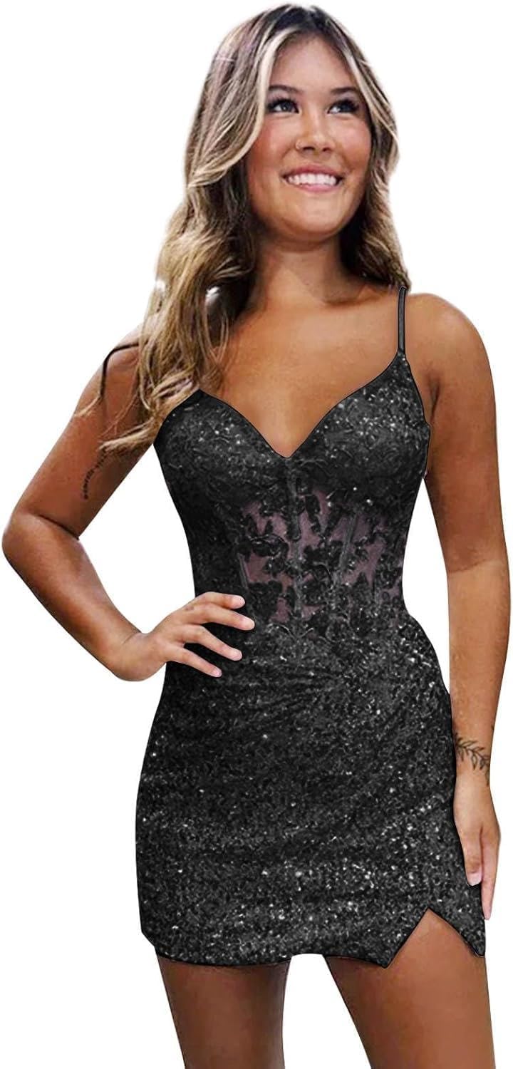 Purple Sparkly V-Neck Sequin Short Homecoming Dresses