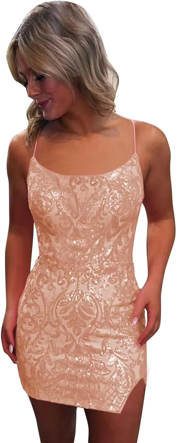 Pink Spaghetti Straps Sequined Homecoming Dresses