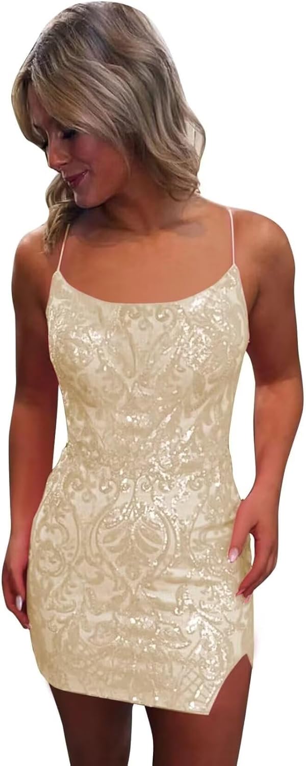 Pink Spaghetti Straps Sequined Homecoming Dresses