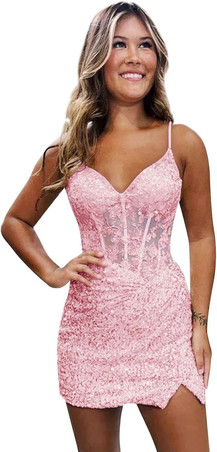 Purple Sparkly V-Neck Sequin Short Homecoming Dresses