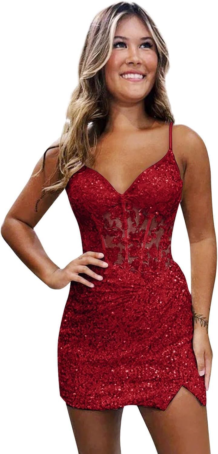 Purple Sparkly V-Neck Sequin Short Homecoming Dresses
