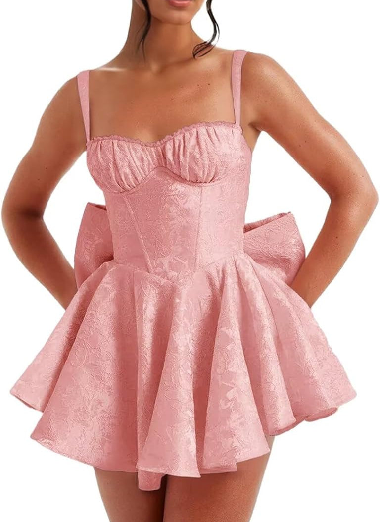 Pink Spaghetti Straps Short Satin Homecoming Dresses with Bows