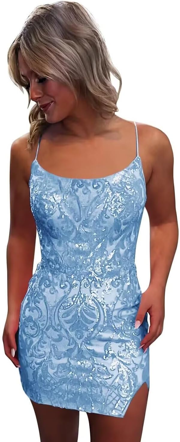 Pink Spaghetti Straps Sequined Homecoming Dresses