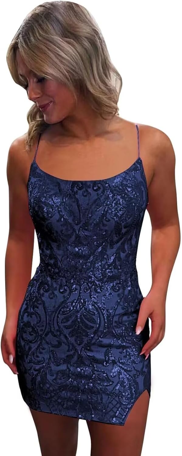 Pink Spaghetti Straps Sequined Homecoming Dresses