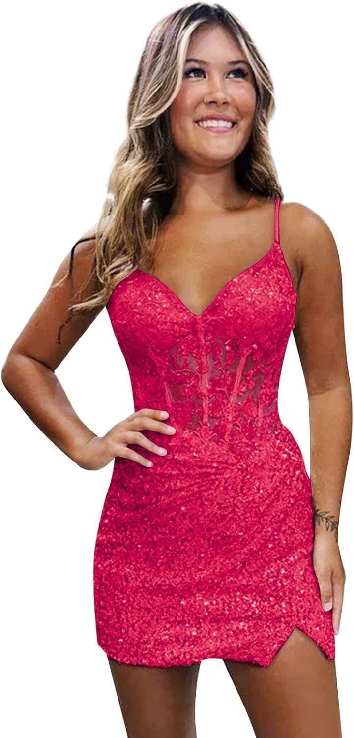 Purple Sparkly V-Neck Sequin Short Homecoming Dresses