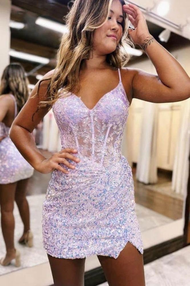 Purple Sparkly V-Neck Sequin Short Homecoming Dresses