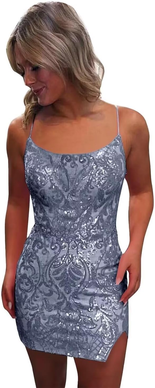 Pink Spaghetti Straps Sequined Homecoming Dresses