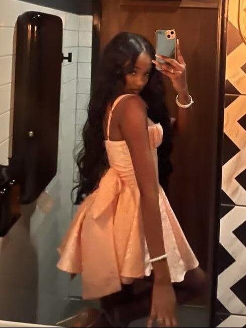 Pink Spaghetti Straps Short Satin Homecoming Dresses with Bows