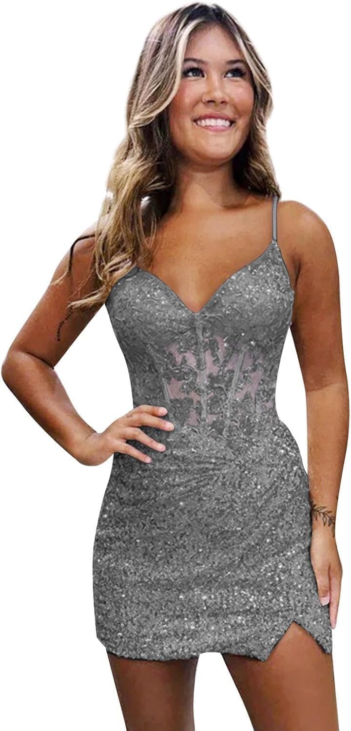 Purple Sparkly V-Neck Sequin Short Homecoming Dresses