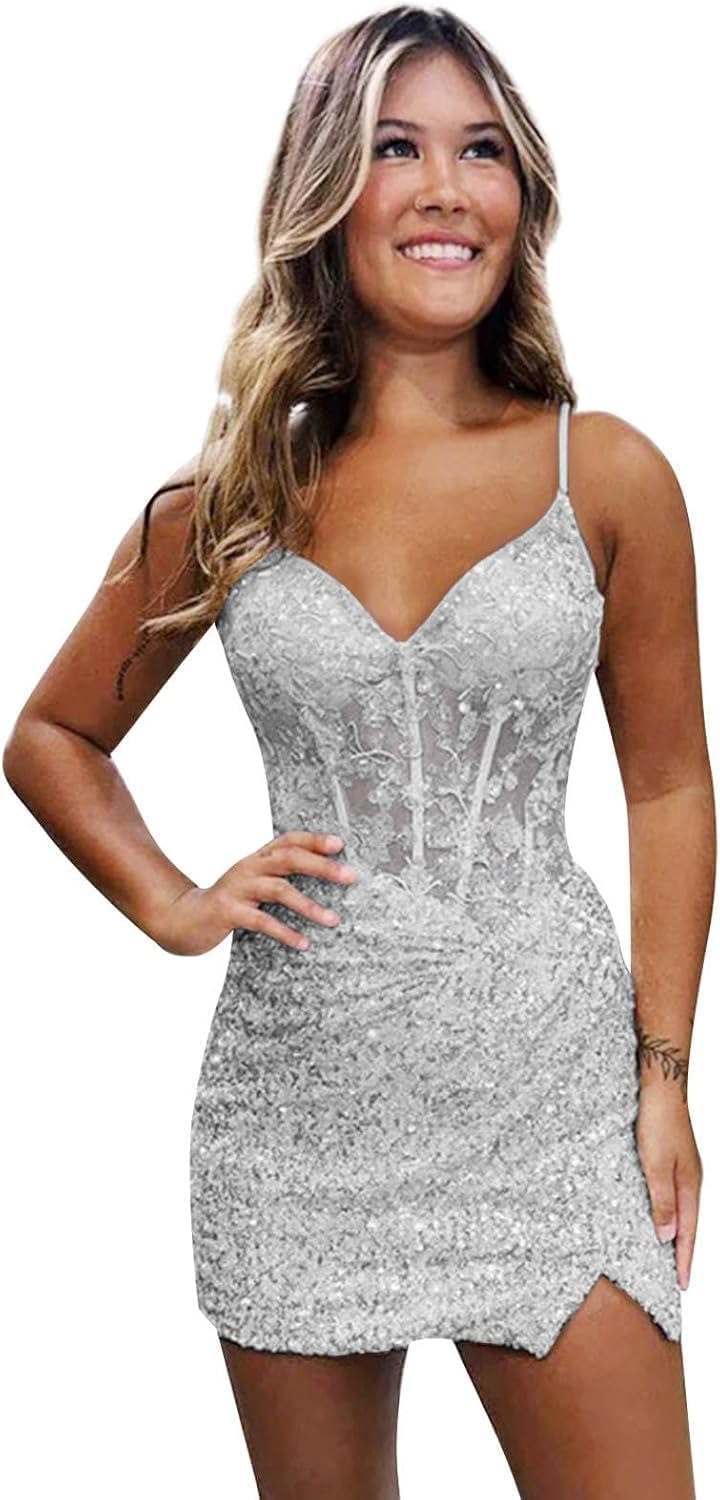 Purple Sparkly V-Neck Sequin Short Homecoming Dresses