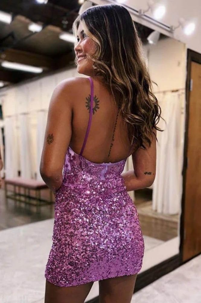 Purple Sparkly V-Neck Sequin Short Homecoming Dresses