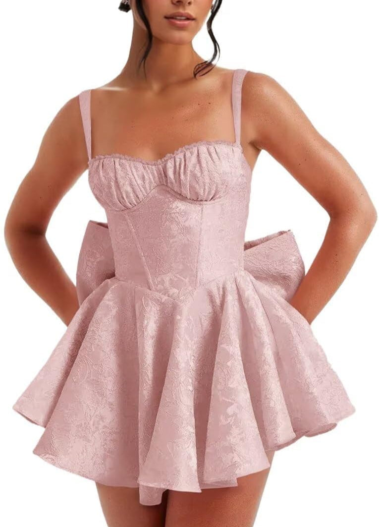 Pink Spaghetti Straps Short Satin Homecoming Dresses with Bows