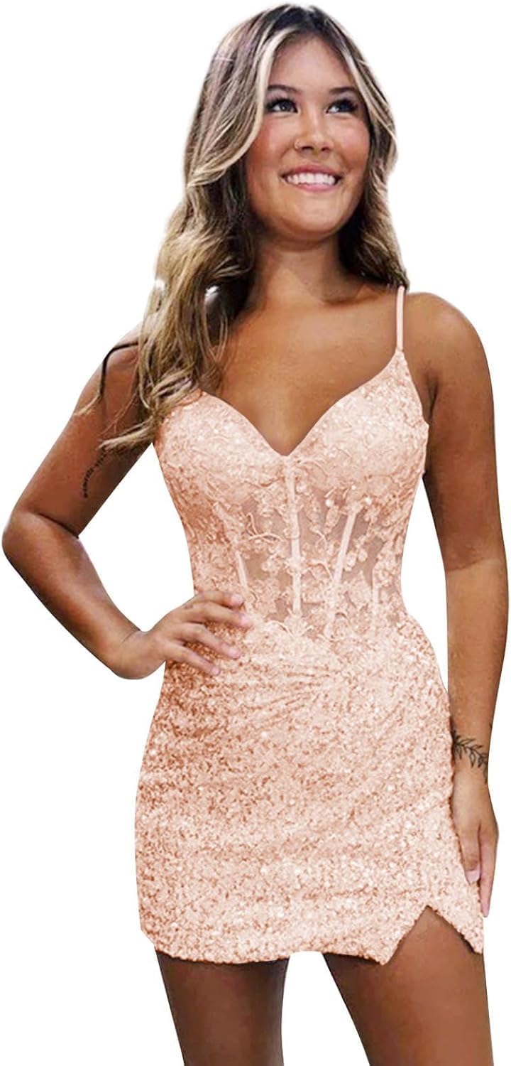 Purple Sparkly V-Neck Sequin Short Homecoming Dresses