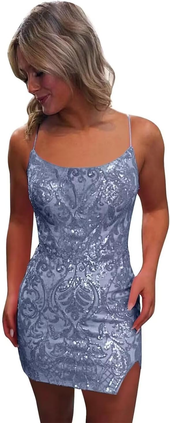 Pink Spaghetti Straps Sequined Homecoming Dresses