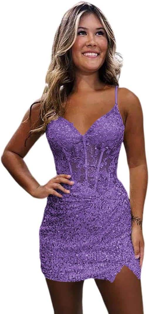 Purple Sparkly V-Neck Sequin Short Homecoming Dresses