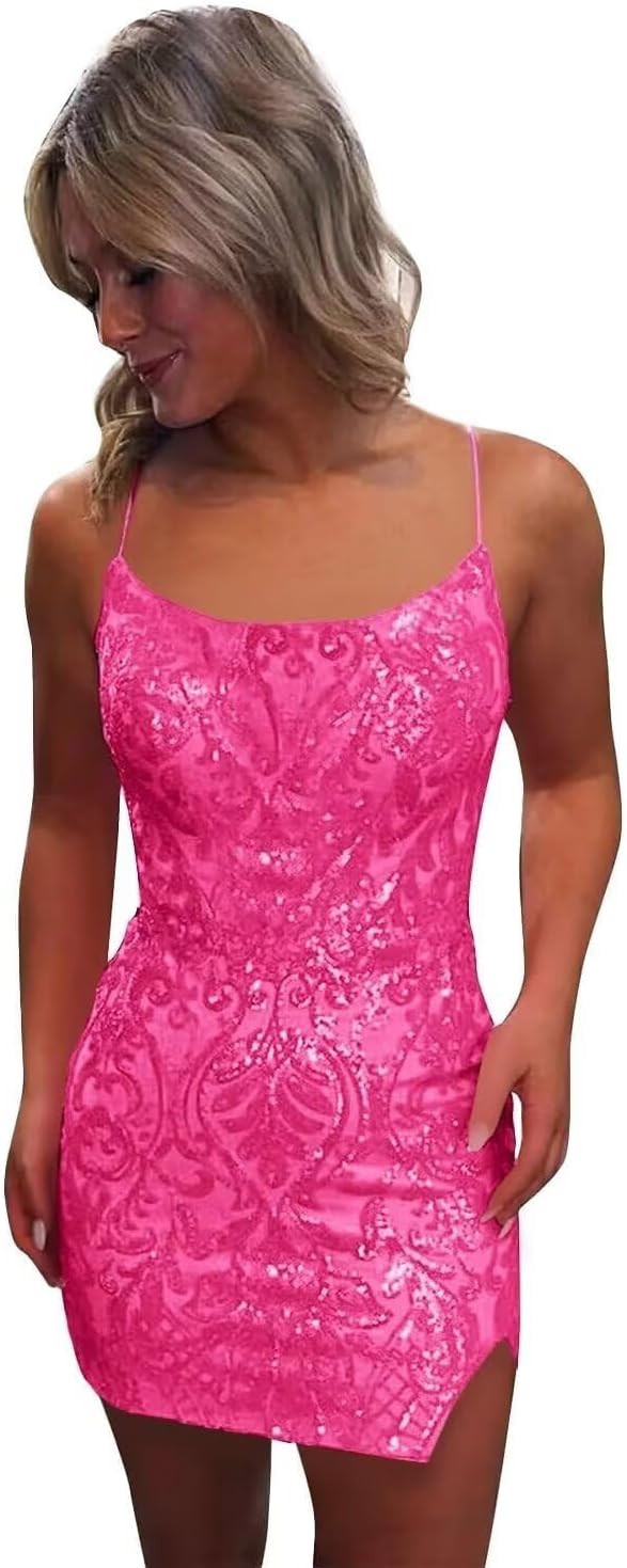 Pink Spaghetti Straps Sequined Homecoming Dresses