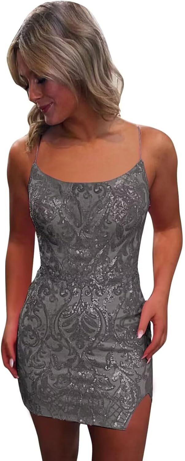 Pink Spaghetti Straps Sequined Homecoming Dresses