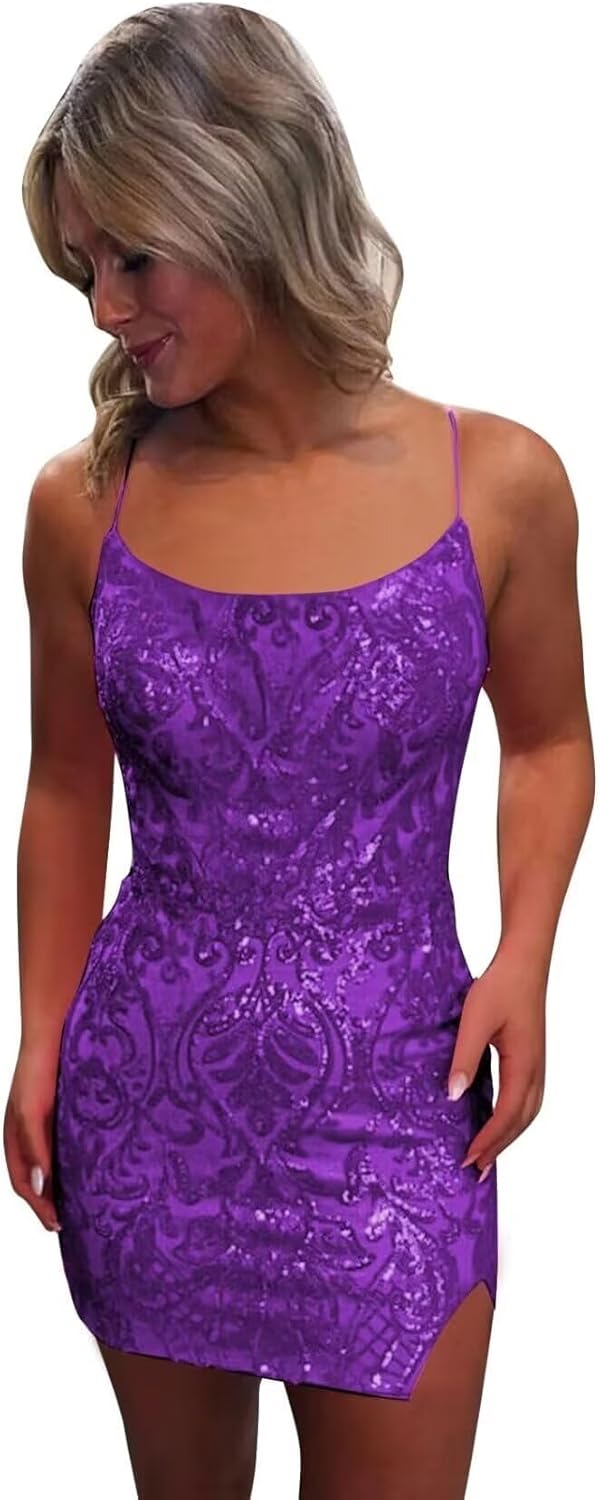 Pink Spaghetti Straps Sequined Homecoming Dresses